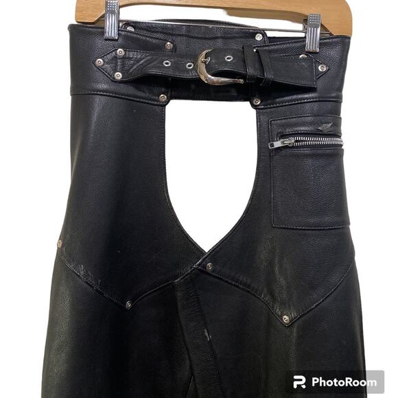 Black Belted Vintage Leather Harley Davidson Ridding Chaps Made in USA Women S - Picture 2 of 8